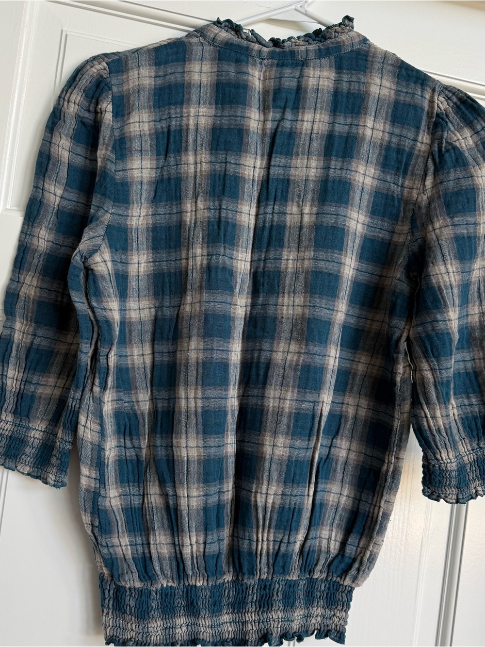 Blue Plaid Ruffle-Trim Button-Front Blouse - Picture 4 of 6